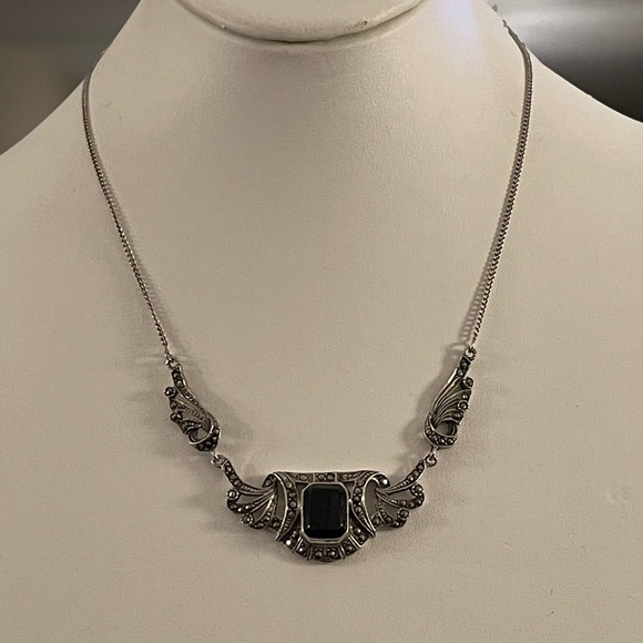 Vintage Art Deco black onyx marcasite solid sterling silver necklace - Picture 2 of 7